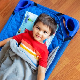 Wildkin Modern Kids Nap Mat - Soft Cotton Blend with Pillow & Elastic Straps for School & Travel - Trains, Planes, and Trucks