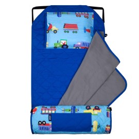 Wildkin Modern Kids Nap Mat - Soft Cotton Blend with Pillow & Elastic Straps for School & Travel - Trains, Planes, and Trucks