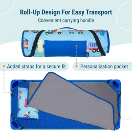 Wildkin Modern Kids Nap Mat - Soft Cotton Blend with Pillow & Elastic Straps for School & Travel - Trains, Planes, and Trucks