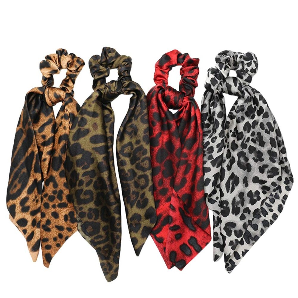 Chiffon Ponytail Hair Scarf Scrunchies,Bun Hair Ties Bobbles,4 Packs Flower Cashew Leopard Ripple Point Elastic Hair Ties Bow for Ponytail Holder (4pcs Leopard Print - B)