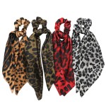 Chiffon Ponytail Hair Scarf Scrunchies,Bun Hair Ties Bobbles,4 Packs Flower Cashew Leopard Ripple Point Elastic Hair Ties Bow for Ponytail Holder (4pcs Leopard Print - B)