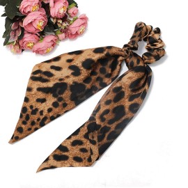 Chiffon Ponytail Hair Scarf Scrunchies,Bun Hair Ties Bobbles,4 Packs Flower Cashew Leopard Ripple Point Elastic Hair Ties Bow for Ponytail Holder (4pcs Leopard Print - B)