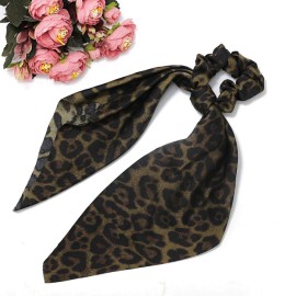 Chiffon Ponytail Hair Scarf Scrunchies,Bun Hair Ties Bobbles,4 Packs Flower Cashew Leopard Ripple Point Elastic Hair Ties Bow for Ponytail Holder (4pcs Leopard Print - B)