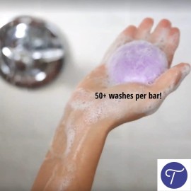 Natural Lavender Solid Shampoo Bar by Tangie. Lasts 50+ washes. Made in Florida, USA. Paper packaging is recyclable and compostable.