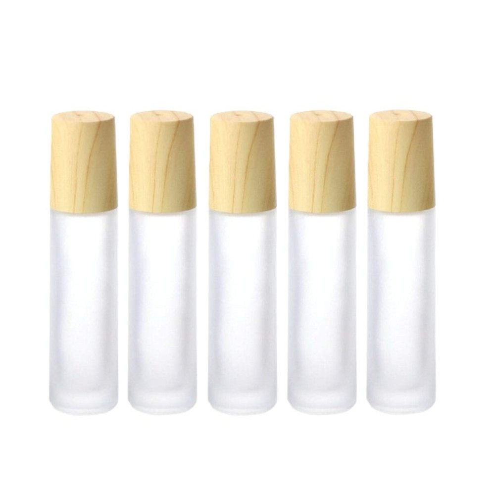 HelperFind 5 Pack 10ml Frosted Glass Roller Bottles with Stainless Steel Ball, Wood Grain Lid, White Frosted