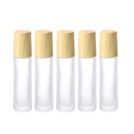 HelperFind 5 Pack 10ml Frosted Glass Roller Bottles with Stainless Steel Ball, Wood Grain Lid, White Frosted