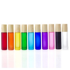 HelperFind 5 Pack 10ml Frosted Glass Roller Bottles with Stainless Steel Ball, Wood Grain Lid, White Frosted