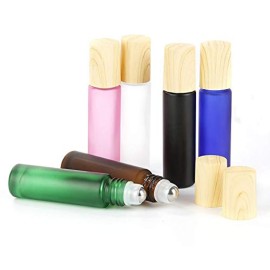 HelperFind 5 Pack 10ml Frosted Glass Roller Bottles with Stainless Steel Ball, Wood Grain Lid, White Frosted