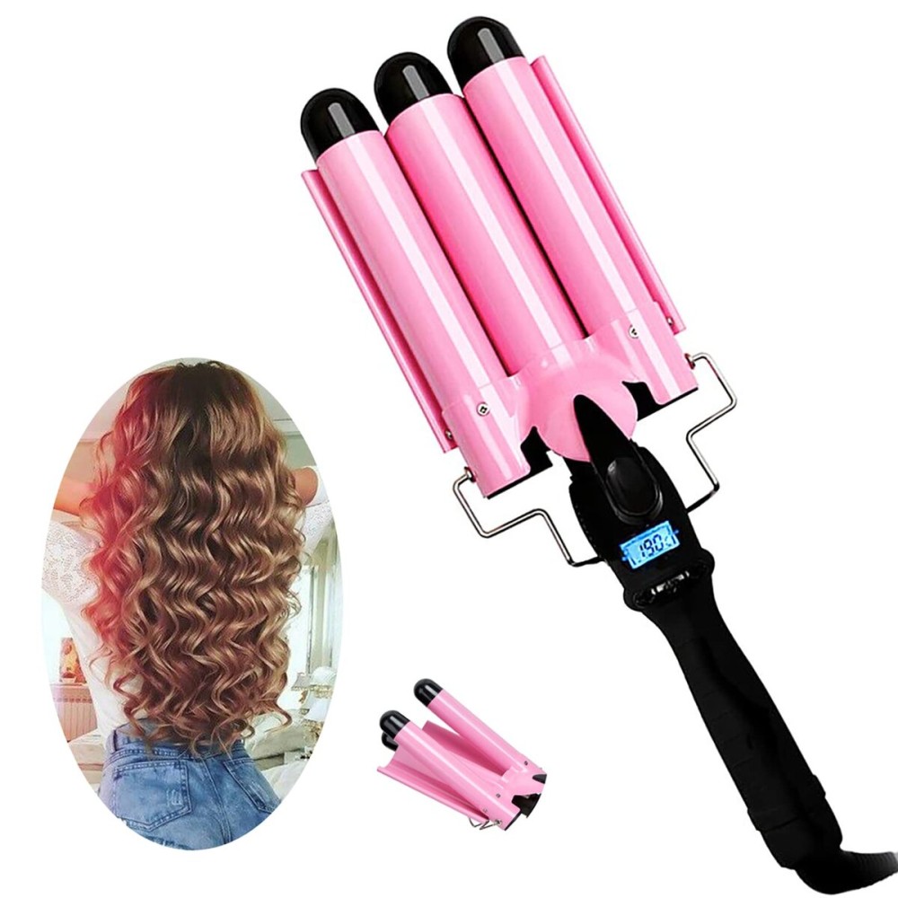 3 Triple Barrel Ceramic Tourmaline Curling Iron Wand with LCD Temperature Display - 1 Inch Crimping Waver, Dual Voltage