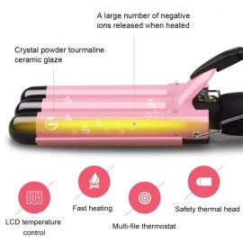 3 Triple Barrel Ceramic Tourmaline Curling Iron Wand with LCD Temperature Display - 1 Inch Crimping Waver, Dual Voltage