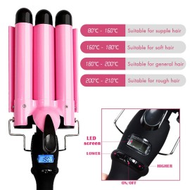 3 Triple Barrel Ceramic Tourmaline Curling Iron Wand with LCD Temperature Display - 1 Inch Crimping Waver, Dual Voltage