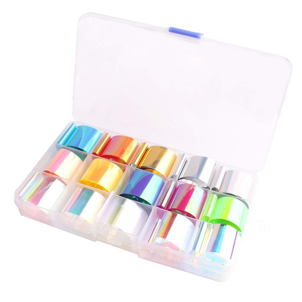 WOKOTO 15 Rolls Glass Foil Nail Art Foil Stickers Tips Laser Solid Color Nail Wraps Decals Manicure Decoration (0.98inchs*39.4inchs)