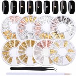 WOKOTO 8 Boxes 3D Geometry Metal Gold Nail Charms For Nail Art Studs Wheels Set Mix-ShapeMetal Nail Jewelry Decorations Sliver Nail Rivet Set 3D Charms With 1pc Tweezers And Wax Pencil