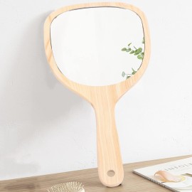 Lurrose Wooden Handheld Mirror with Handle Wood Frame Portable Makeup Wall Mounted with Hook Hole Bathroom Mirror for Makeup Home Salon Travel Use