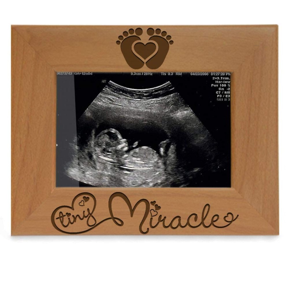 KATE POSH - Tiny Miracle Engraved Natural Wood Picture Frame, New Baby, New Dad & Mom, Parents Gift, Ultrasound, Sonogram, Baby Announcement
