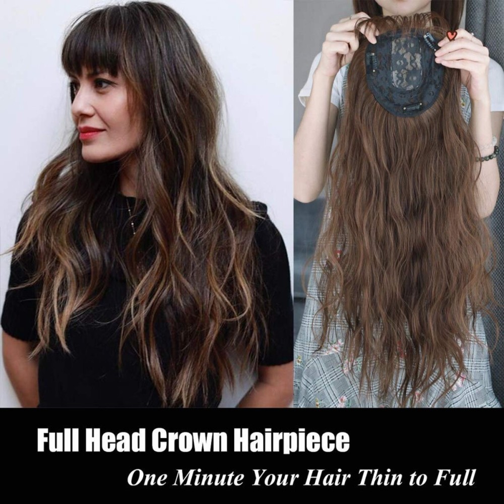 6x6 Hair Forehead Replacement Piece Clip in Loose Wavy Supplement Topper With Wispy Fringe for Thinning Hair Dark Brown