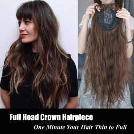 6x6 Hair Forehead Replacement Piece Clip in Loose Wavy Supplement Topper With Wispy Fringe for Thinning Hair Dark Brown