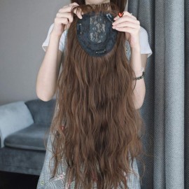 6x6 Hair Forehead Replacement Piece Clip in Loose Wavy Supplement Topper With Wispy Fringe for Thinning Hair Dark Brown