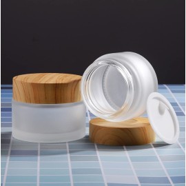 ericotry 3PCS 20g/20ml Empty Refillable Translucent Glass Makeup Cosmetic Face Cream Lip Balm Storage Container Jar Pot Bottle with liners and Wood Grain Lid for Scrubs Oils Salves Creams Lotions