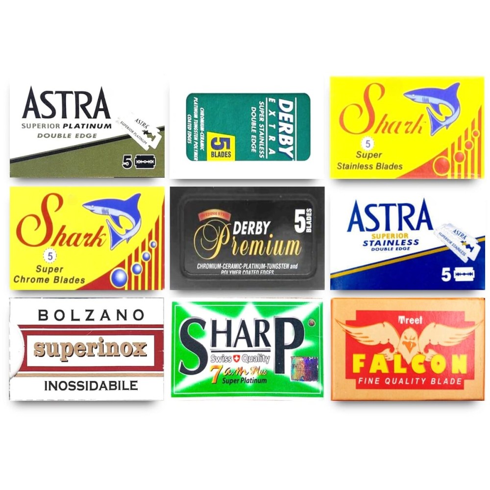 Razor Blades Club Astra-Derby-Shark-Permasharp-Bolzano-Treet 50 Quality Double Edge Razor Blades Sampler (9 different brands) Razor Blades Club Astra-Derby-Shark-Permasharp-Bolzano-Treet 50 Quality Double Edge Razor Blades Sampler (9 different brands)