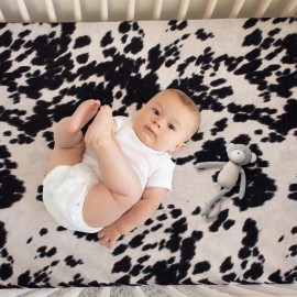 Black Cow Print Baby Fitted Crib Sheet Western Cowboy Boho Cowhide Highland Soft Farmhouse Gender Neutral Animal Print