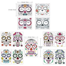 COKOHAPPY Halloween Temporary Face Tattoos Makeup Kit (13 Pack), Day of the Dead Sugar Skull Floral Black Skeleton Web Red Roses Full Face Mask Stickers Tattoo Families Party Supplies