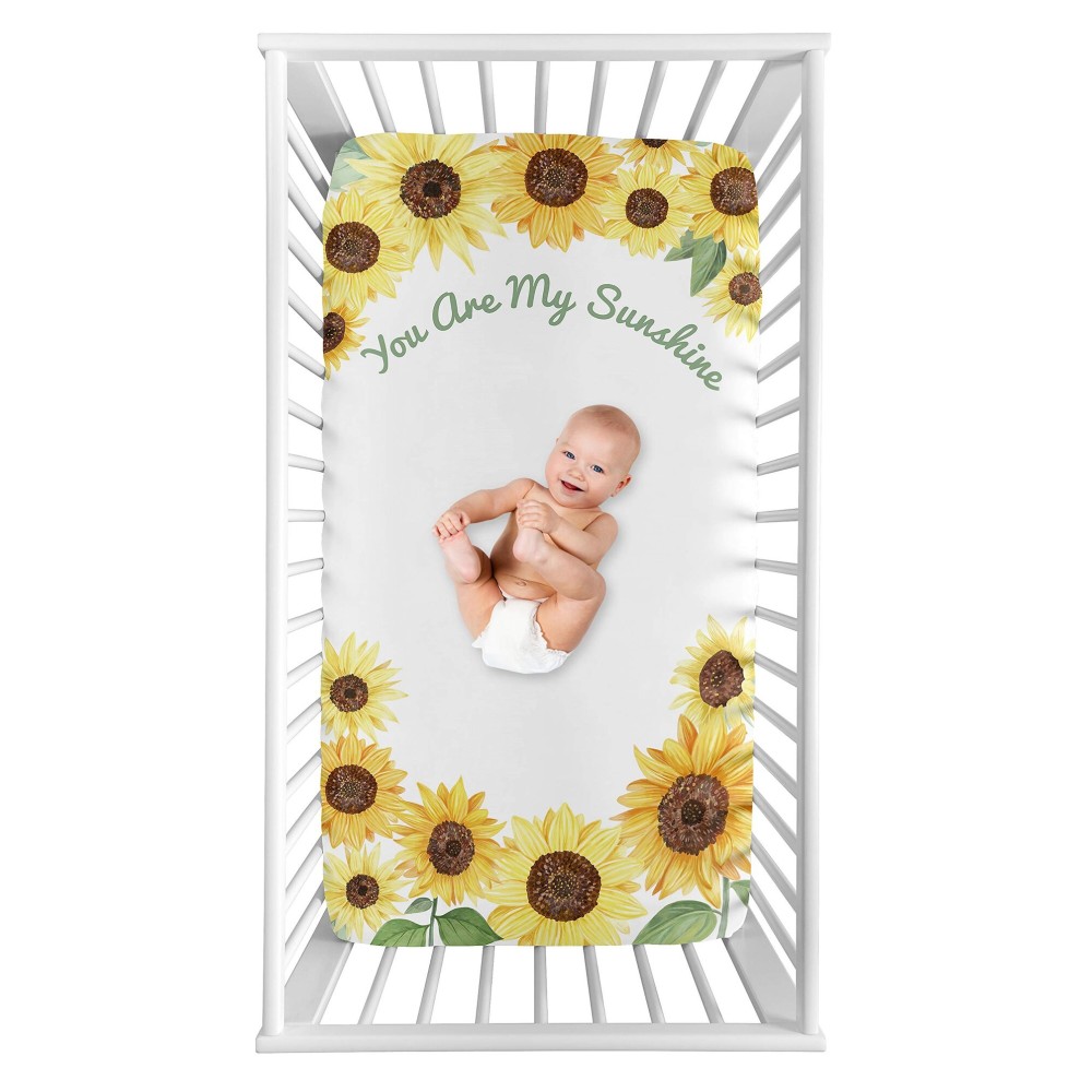 Sweet Jojo Designs Yellow, Green and White Sunflower Boho Floral Girl Baby or Toddler Nursery Fitted Crib Sheet - Farmhouse Watercolor Flower, You are My Sunshine