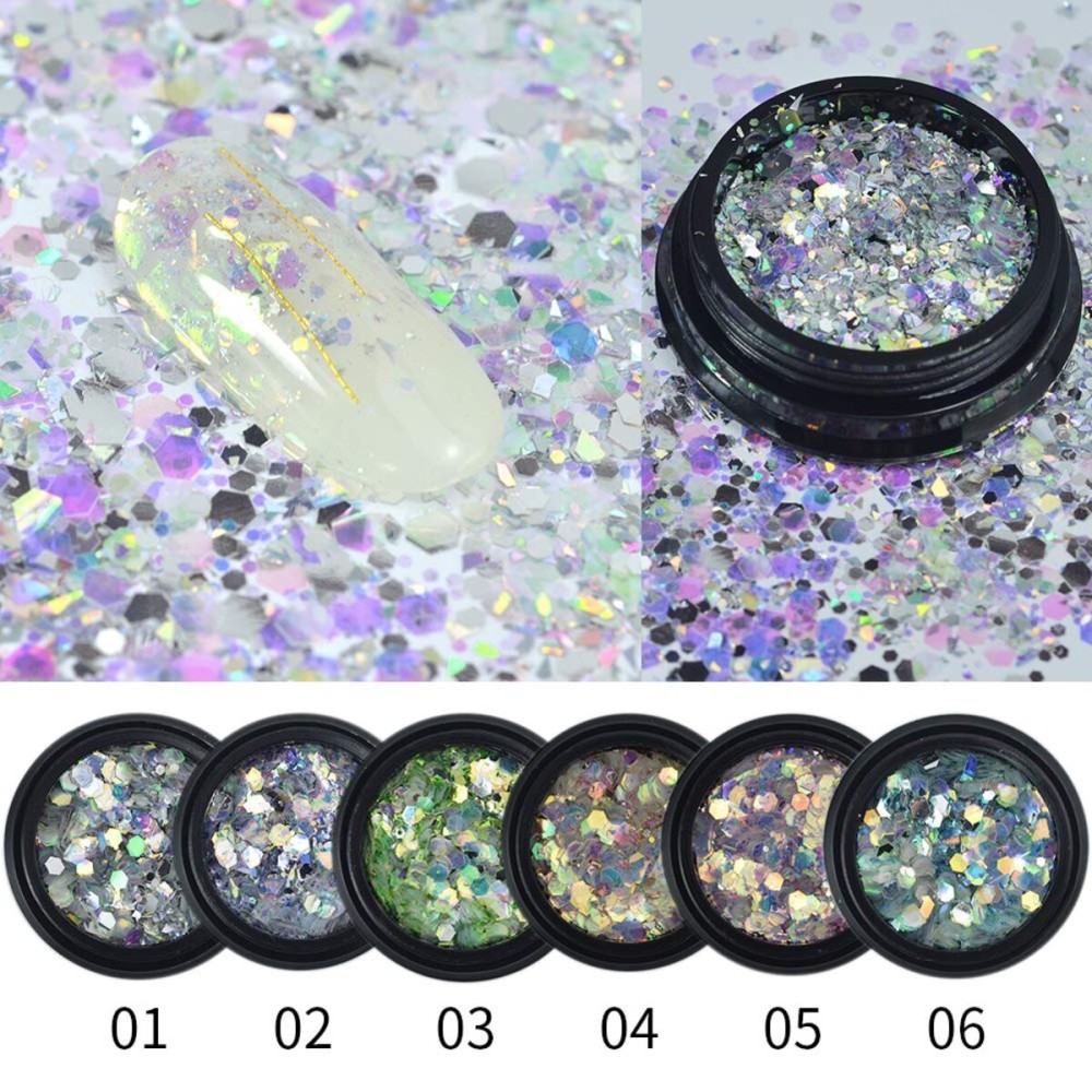 Minejin Nail Art Glitter Sequins Iridescent Chunky Flakes Face Hair Body Makeup Tips 6Colors Minejin Nail Art Glitter Sequins Iridescent Chunky Flakes Face Hair Body Makeup Tips 6Colors