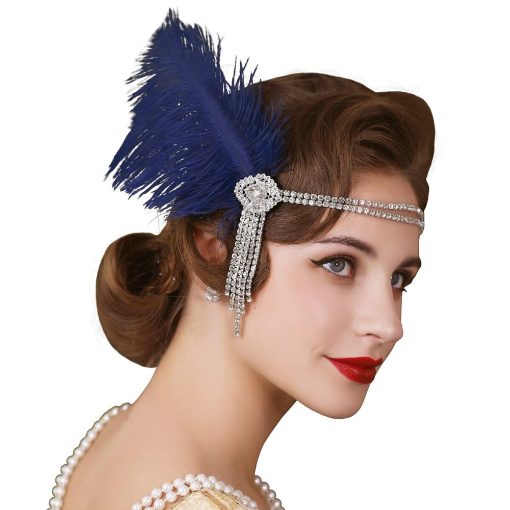 SWEETV Flapper Headbands Womens 1920s Headpiece Great Gatsby Inspired Feather Headband Cocktail Party Rhinestone Hair Accessories for Women, Blue