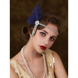 SWEETV Flapper Headbands Womens 1920s Headpiece Great Gatsby Inspired Feather Headband Cocktail Party Rhinestone Hair Accessories for Women, Blue