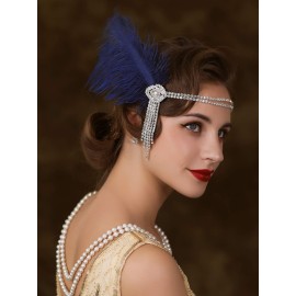 SWEETV Flapper Headbands Womens 1920s Headpiece Great Gatsby Inspired Feather Headband Cocktail Party Rhinestone Hair Accessories for Women, Blue
