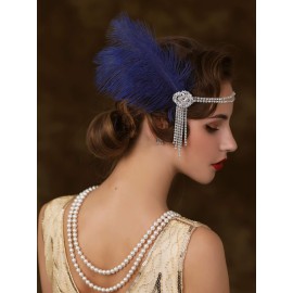 SWEETV Flapper Headbands Womens 1920s Headpiece Great Gatsby Inspired Feather Headband Cocktail Party Rhinestone Hair Accessories for Women, Blue