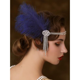 SWEETV Flapper Headbands Womens 1920s Headpiece Great Gatsby Inspired Feather Headband Cocktail Party Rhinestone Hair Accessories for Women, Blue