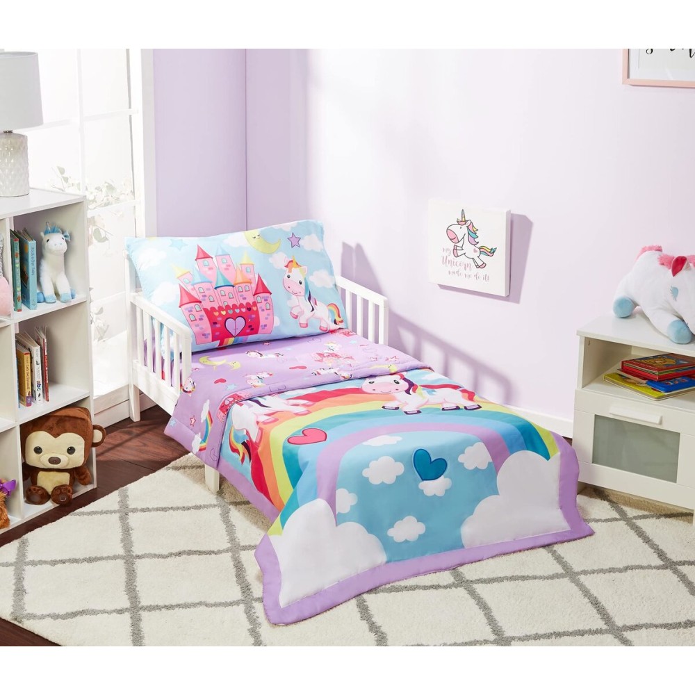 EVERYDAY KIDS 4 Piece Toddler Bedding Set - Unicorn Dreams - Includes Comforter, Flat Sheet, Fitted Sheet and Reversible Pillowcase