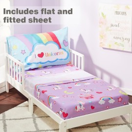 EVERYDAY KIDS 4 Piece Toddler Bedding Set - Unicorn Dreams - Includes Comforter, Flat Sheet, Fitted Sheet and Reversible Pillowcase
