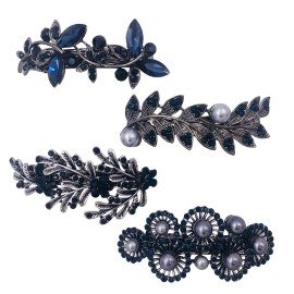 4PCS Vintage Silver French Barrettes Hair Clip Accessories Rhinestone Pearl Jewel for Women