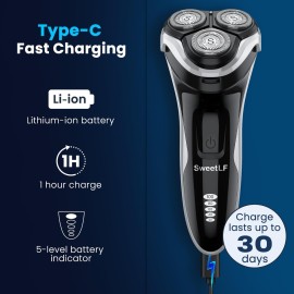 Electric Razor for Men, SweetLF Cordless 3D Rotary Shaver, Waterproof Wet & Dry, Type C Charging, Plug & Play, Rechargeable with Pop-up Trimmer, (Includes 3 Extra Blades), Black Electric Razor for Men, SweetLF Cordless 3D Rotary Shaver, Waterproof Wet & Dry, Type C Charging, Plug & Play, Rechargeable with Pop-up Trimmer, (Includes 3 Extra Blades), Black