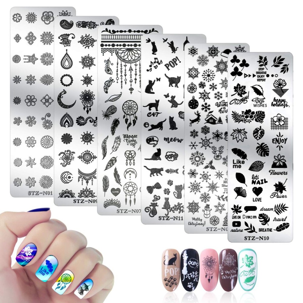 Mwoot 6Pcs Pretty Nail Art Stamping Plate Set Cat Feather Snowflakes Leaves Theme Manicure Print Tool