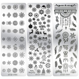 Mwoot 6Pcs Pretty Nail Art Stamping Plate Set Cat Feather Snowflakes Leaves Theme Manicure Print Tool