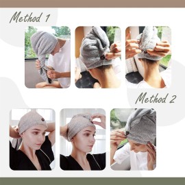 myHomeBody Hair Towel Wrap, Luxury Quick Drying Turban, Ultra Soft Absorbent Charcoal Fiber Cap, with Coconut Shell Button - Gray