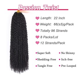 Leeven 22 Inch 8 packs Pre-twisted Passion Twist Crochet Hair 12 Roots/pack Pre-looped Crochet Braids Hair for Passion Twist Braiding Hair Natural Black Twists Hair