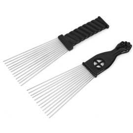 Folansy Afro Comb Metal African American Pick Comb Hairdressing Styling Tool, 2 Pack (Black-4, 2piece Assortment, Wide Teeth, Classic Black Fist Design, For Curly Hair and Afro Hairstyle)