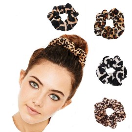 LOVEF Fashion 5 Pieces Velvet Leopard Hair Scrunchies Ponytail Holder Bun Maker Hair Accessories Mixed Colors