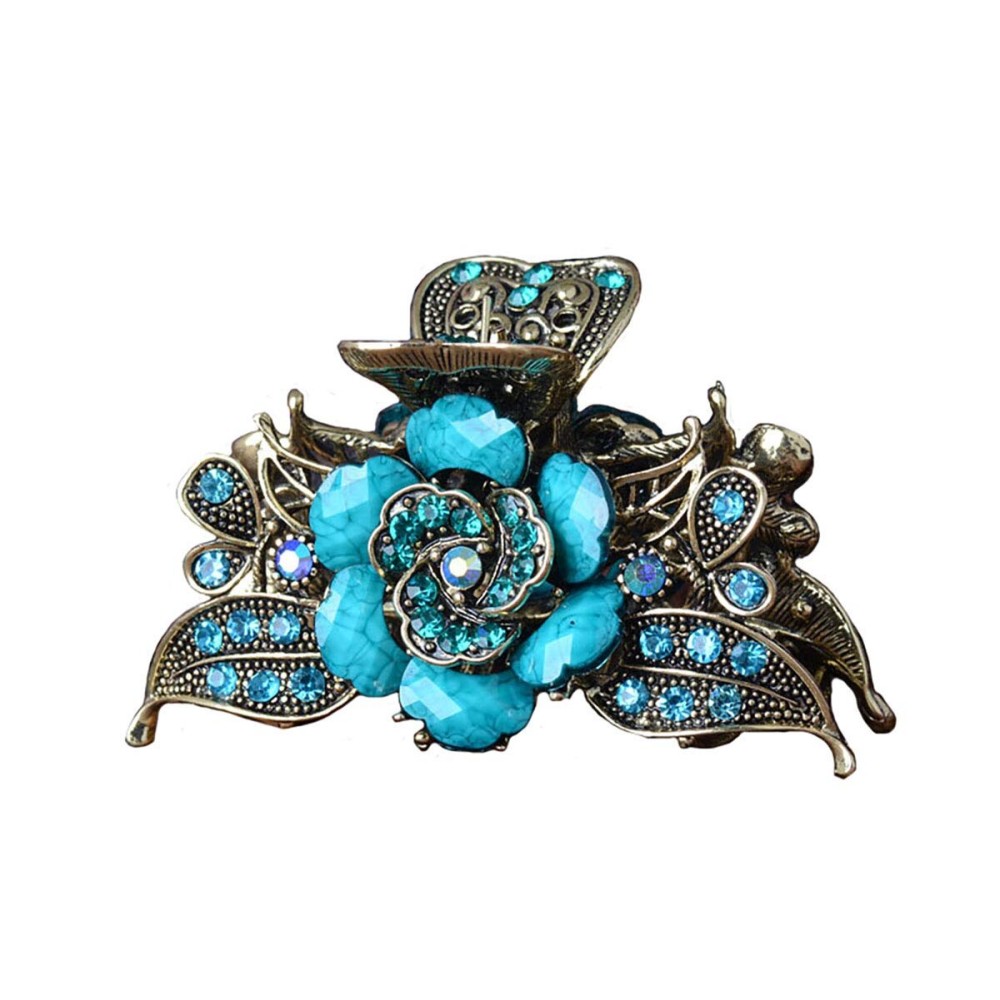 Women Retro Rose Flower Hair Claw Imitation Turquoise Fancy Jaw Clips Pins Fashion Alloy Rhinestone Hair Catch Barrette Hair Updo Grip Hair Accessories (Blue)