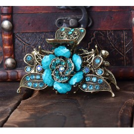 Women Retro Rose Flower Hair Claw Imitation Turquoise Fancy Jaw Clips Pins Fashion Alloy Rhinestone Hair Catch Barrette Hair Updo Grip Hair Accessories (Blue)