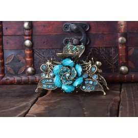 Women Retro Rose Flower Hair Claw Imitation Turquoise Fancy Jaw Clips Pins Fashion Alloy Rhinestone Hair Catch Barrette Hair Updo Grip Hair Accessories (Blue)