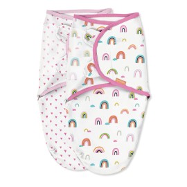 SwaddleMe Original Organic Swaddle 2-pk, 100% Organic Cotton Adjustable Baby Wrap, Small (0-3 Months, 7-14 lbs, up to 26), Chasing Rainbows
