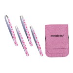 4Pcs EyeBrow Tweezers set With Straight, Slanted, Pointed Tweezers in White Color on Pink Heart painted in Pink Glitter Pouch