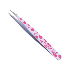 4Pcs EyeBrow Tweezers set With Straight, Slanted, Pointed Tweezers in White Color on Pink Heart painted in Pink Glitter Pouch