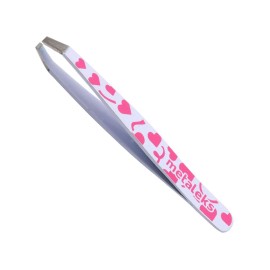 4Pcs EyeBrow Tweezers set With Straight, Slanted, Pointed Tweezers in White Color on Pink Heart painted in Pink Glitter Pouch